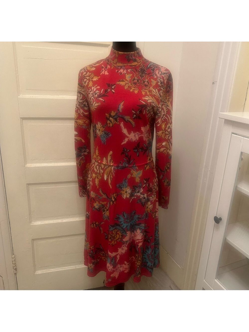 IVKO Merino Wool Floral Red Long-Sleeve Dress Fall Autumn Date Night Coquette